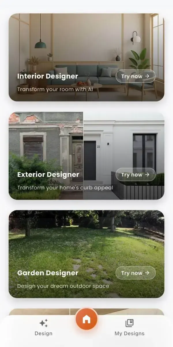 DecorAI – AI Interior Design app interface previewing a room makeover on iPhone