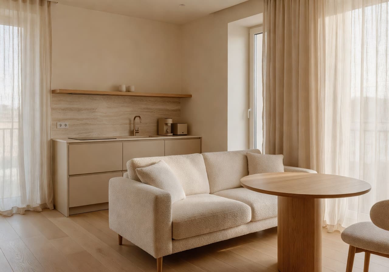 AI apartment design for a small studio with smart layout and warm neutral palette