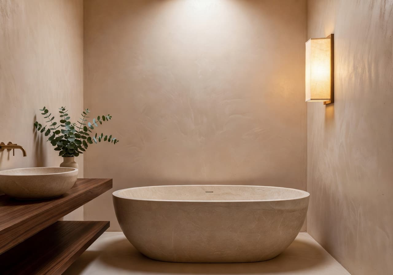 AI bathroom design with warm tadelakt walls, freestanding stone tub, and washi sconce