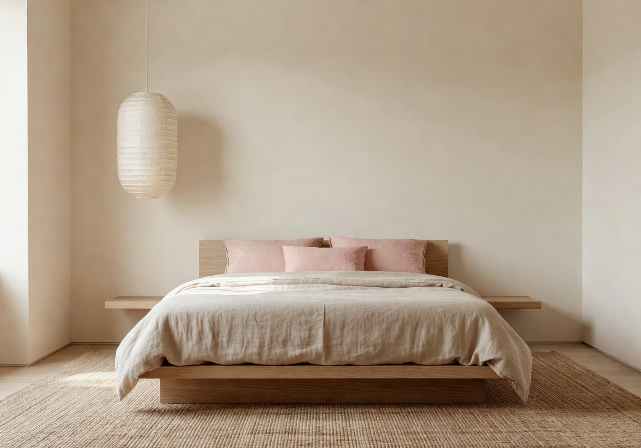 AI bedroom design rendered in a cozy Japandi style with low oak bed and washi paper light