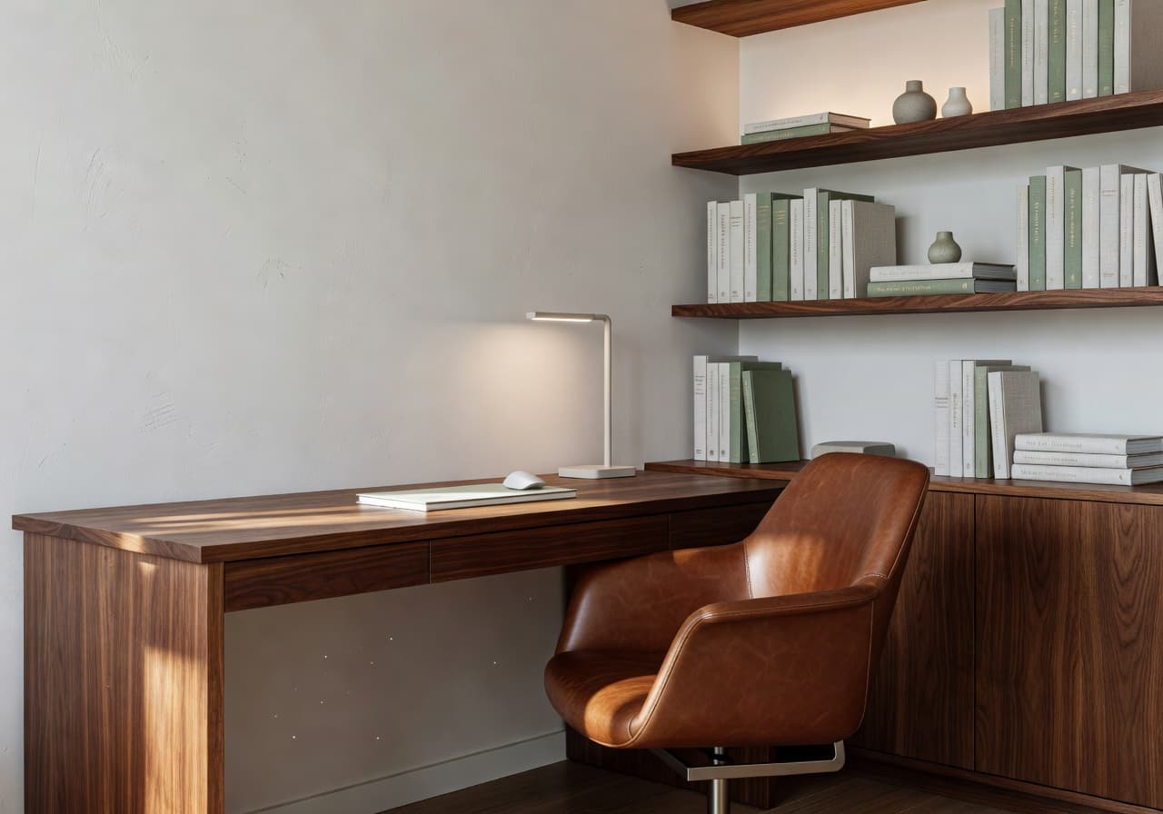 AI home office design with calm sage and ivory tones, walnut desk, and cognac chair