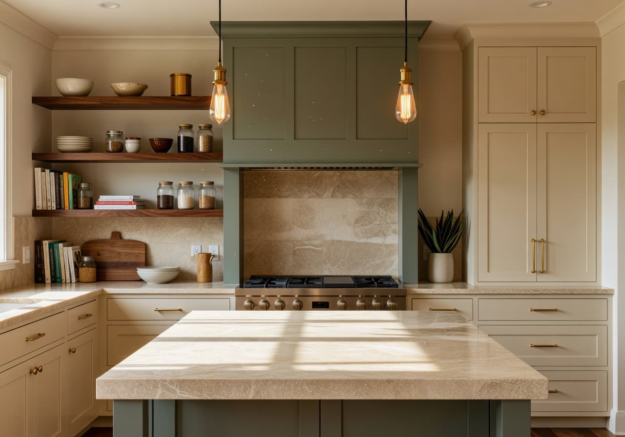 AI kitchen design with soft cream cabinetry, travertine island, and brushed brass hardware
