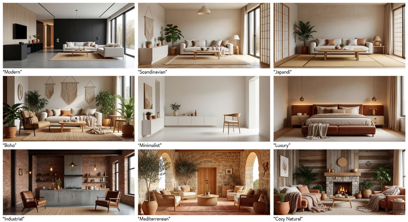 Editorial collage of AI interior design styles — modern, Scandinavian, Japandi, boho, minimalist, luxury, industrial, Mediterranean, cozy natural